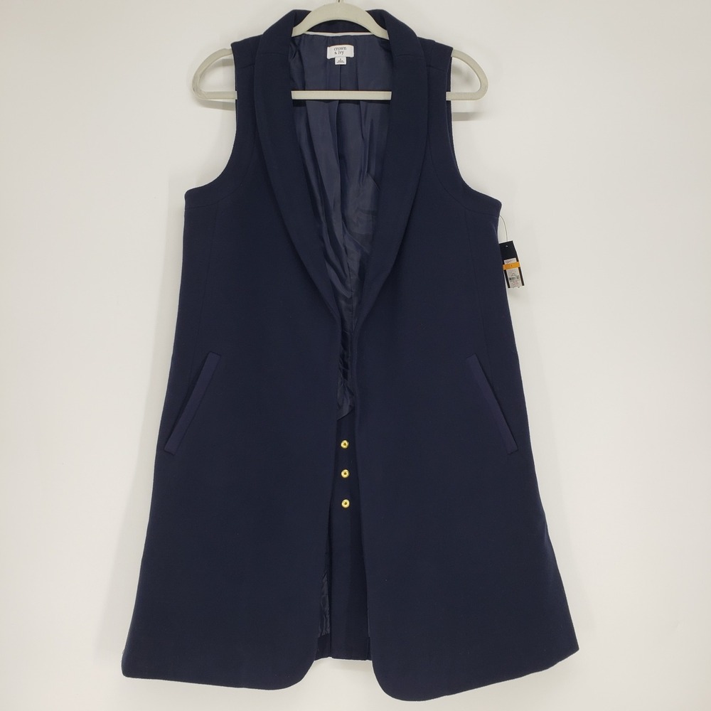 Crown & Ivy Navy Blue Sleeveless Longline Vest Women Size S Gold Button Detail